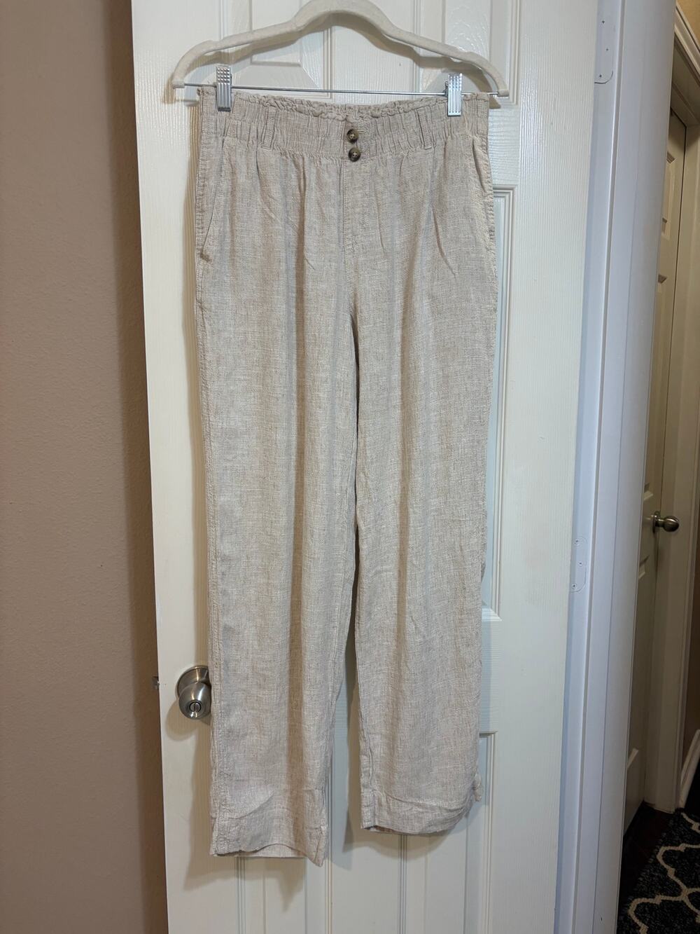 Briggs Women’s Linen Blend Pull On Pants Medium Beige Elastic Waist Casual